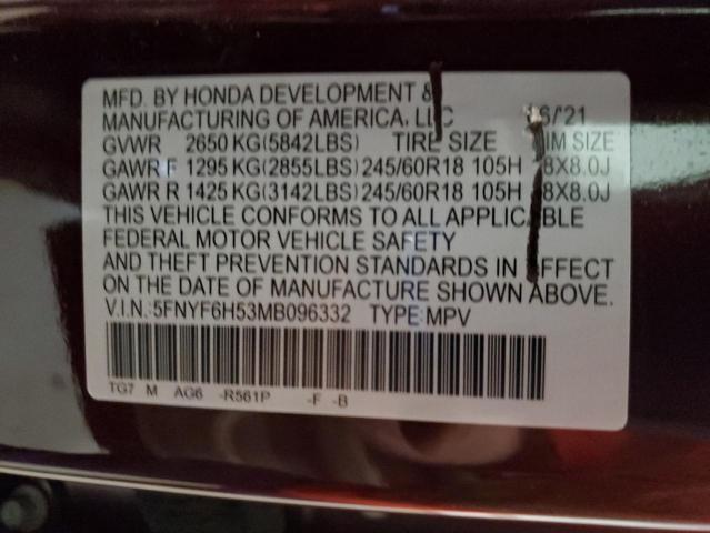 5FNYF6H53MB096332 - 2021 HONDA PILOT EXL 勃艮第红 照片 13