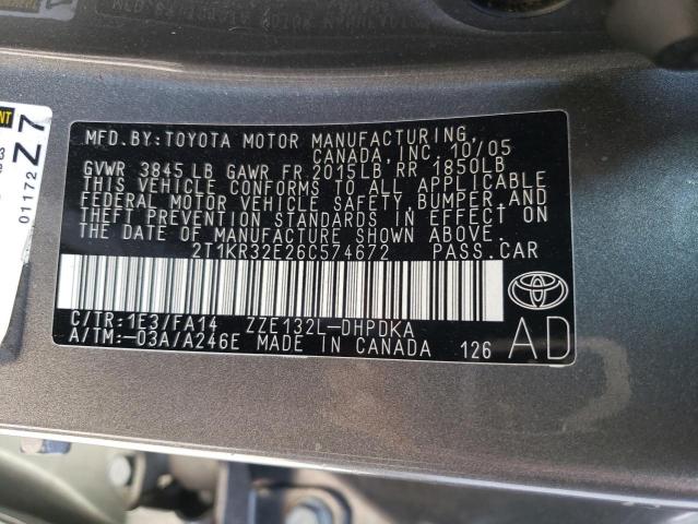 2T1KR32E26C574672 - 2006 TOYOTA COROLLA MA XR GRAY photo 13