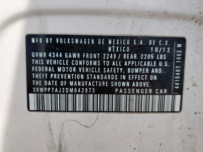 3VWPP7AJ2DM642973 - 2013 VOLKSWAGEN JETTA S 白色 照片 12