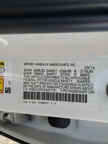 1HGCV1F51KA077191 - 2019 HONDA ACCORD EXL WHITE photo 12