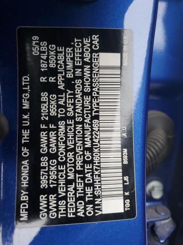 SHHFK7H60KU422469 - 2019 HONDA CIVIC EX Blau Foto 13