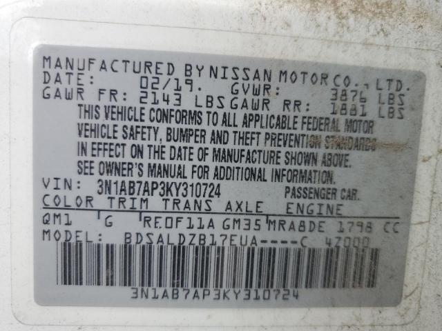 3N1AB7AP3KY310724 - 2019 NISSAN SENTRA S თეთრი ფოტო 13