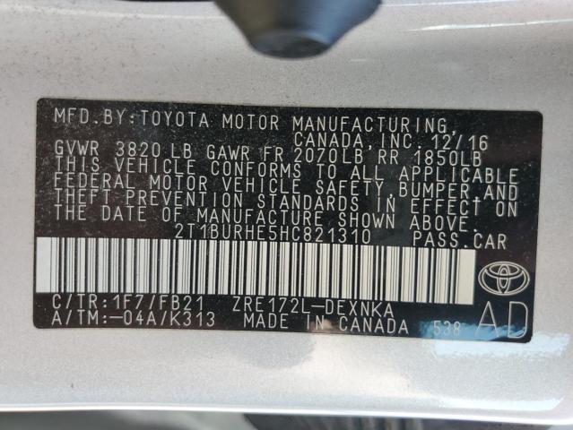 2T1BURHE5HC821310 - 2017 TOYOTA COROLLA L 银色 照片 12