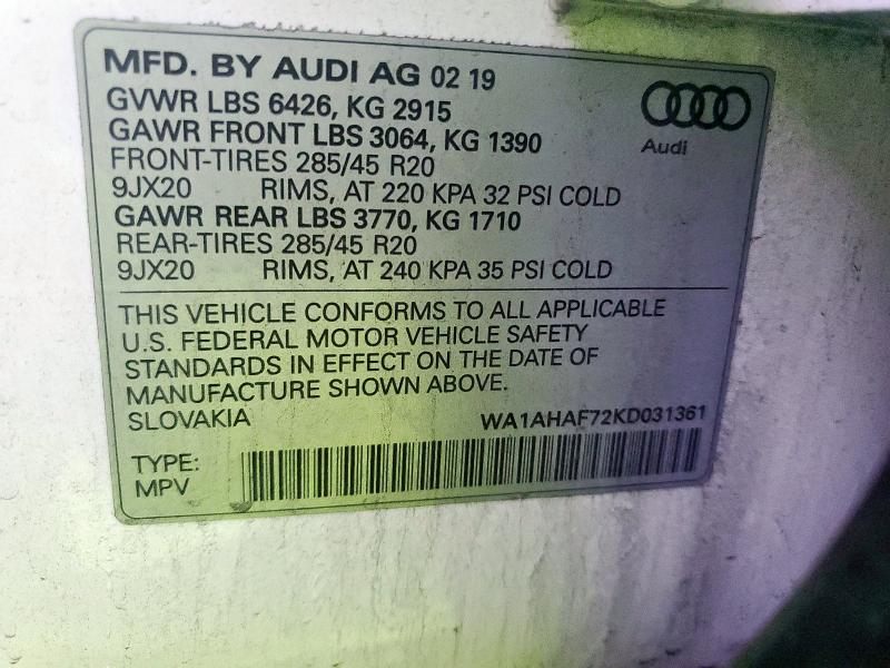 WA1AHAF72KD031361 - 2019 AUDI Q7 PREMIUM WHITE photo 13