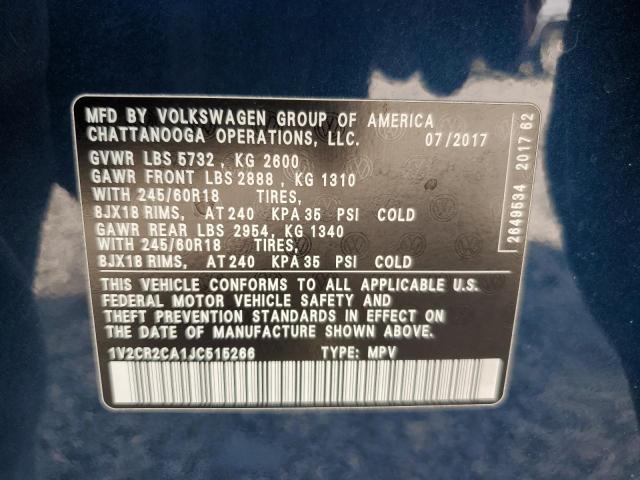 1V2CR2CA1JC515266 - 2018 VOLKSWAGEN ATLAS SE Bleu photo 12