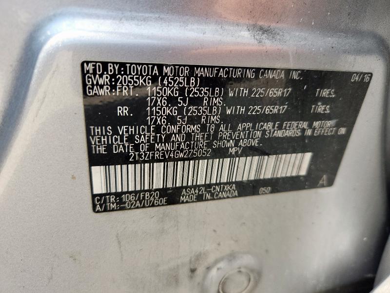 2T3ZFREV4GW275052 - 2016 TOYOTA RAV4 LE SILVER photo 12