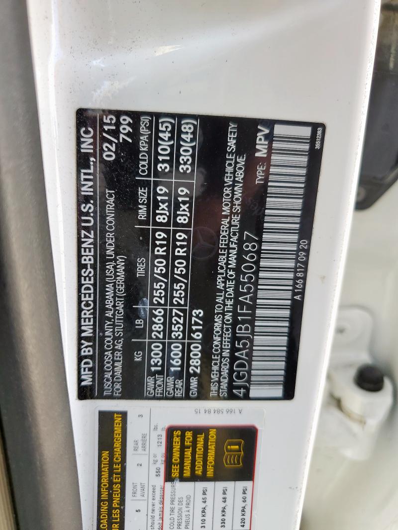 4JGDA5JB1FA550687 - 2015 MERCEDES-BENZ ML 350 WHITE photo 12