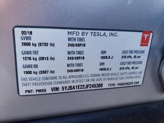 5YJSA1E22JF245388 - 2018 TESLA MODEL S Արծաթագույն լուսանկար 12
