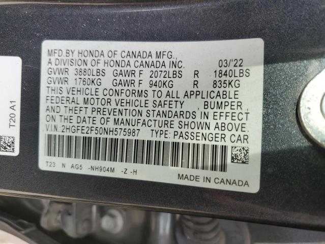 2HGFE2F50NH575987 - 2022 HONDA CIVIC SPORT CHARCOAL photo 13