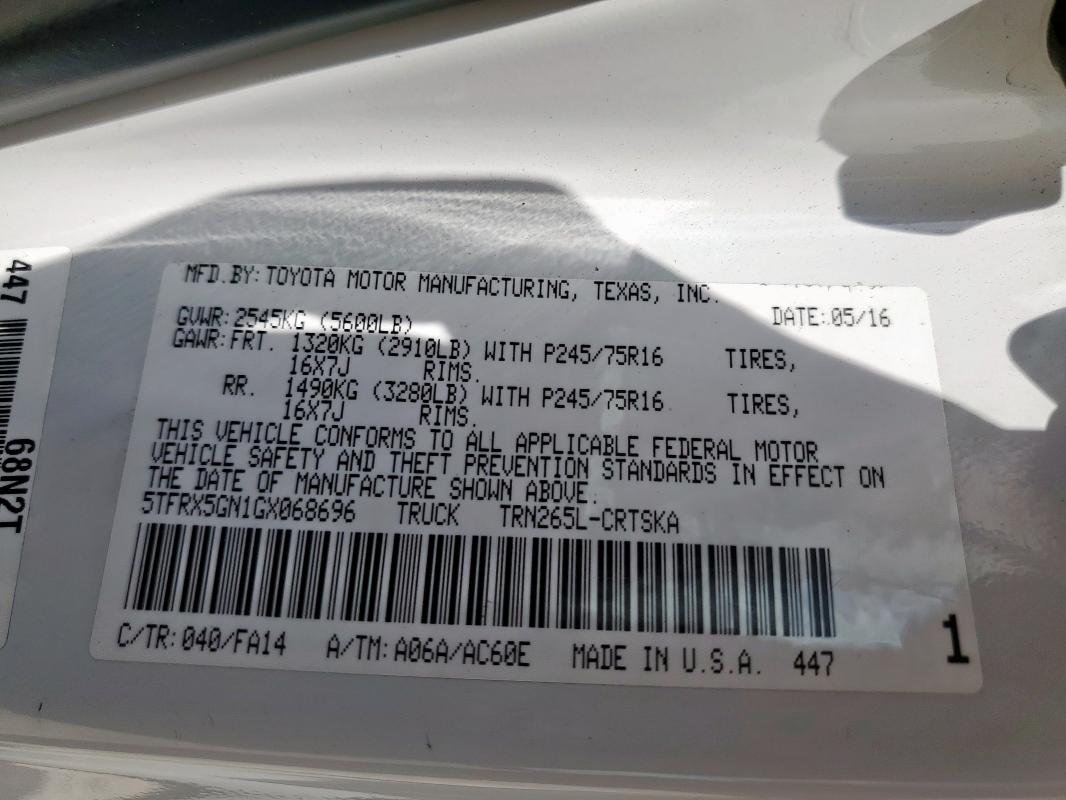 5TFRX5GN1GX068696 - 2016 TOYOTA TACOMA ACCESS CAB Blanco foto 12