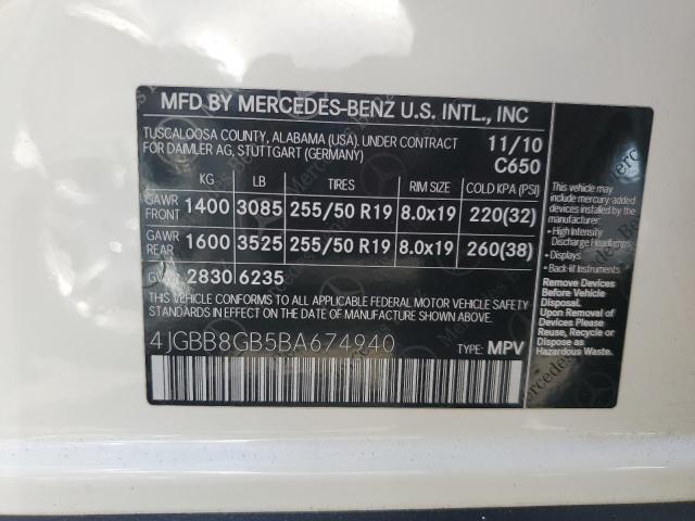 4JGBB8GB5BA674940 - 2011 MERCEDES-BENZ ML 350 4MATIC WHITE photo 13