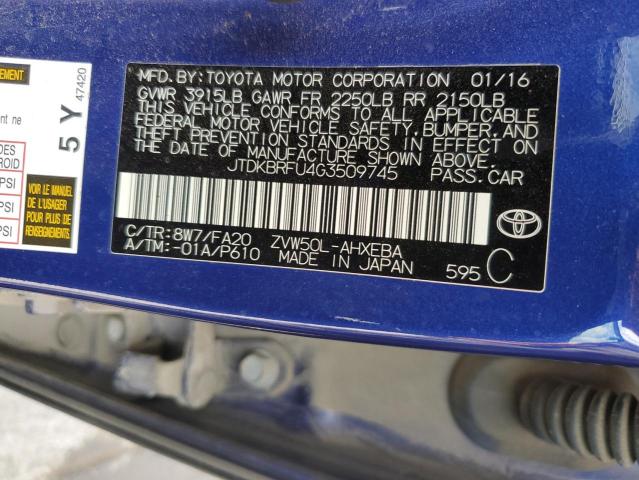 JTDKBRFU4G3509745 - 2016 TOYOTA PRIUS BLUE photo 12