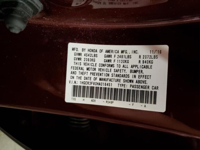 1HGCR3F80HA016451 - 2017 HONDA ACCORD EXL MAROON photo 13