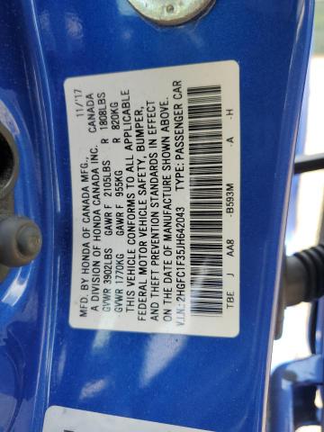 2HGFC1F35JH642043 - 2018 HONDA CIVIC EX ლურჯი ფოტო 12