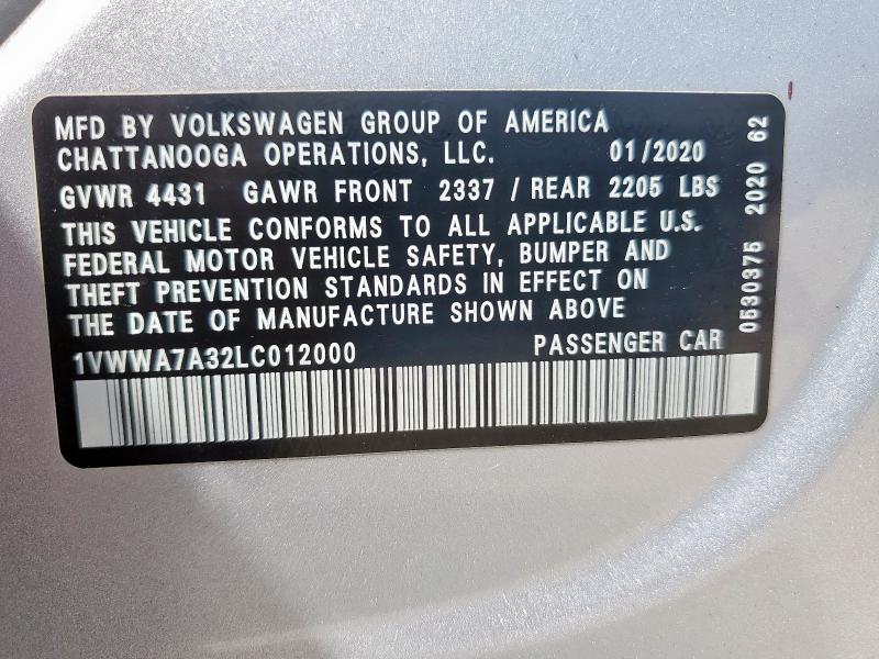 1VWWA7A32LC012000 - 2020 VOLKSWAGEN PASSAT SE 银色 照片 14
