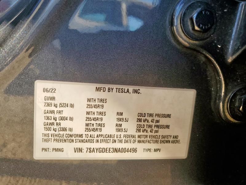 7SAYGDEE3NA004496 - 2022 TESLA MODEL Y CHARCOAL photo 12