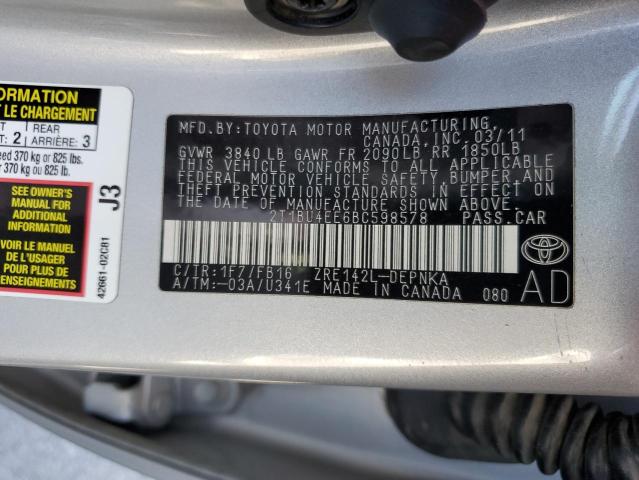 2T1BU4EE6BC598578 - 2011 TOYOTA COROLLA BASE SILVER photo 12