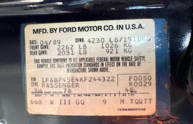 1FABP45E4KF244322 - 1989 FORD MUSTANG GT BLUE photo 10