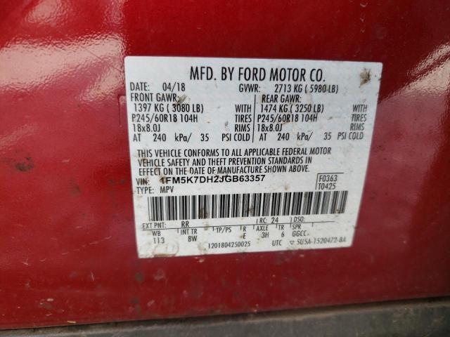 1FM5K7DH2JGB63357 - 2018 FORD EXPLORER XLT წითელი ფოტო 13