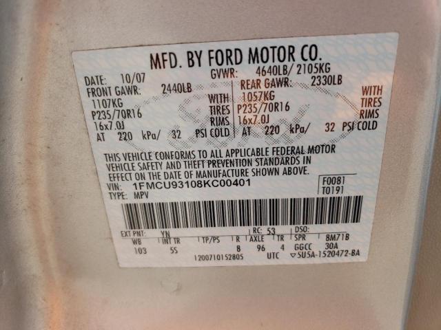 1FMCU93108KC00401 - 2008 FORD ESCAPE XLT SILVER photo 13