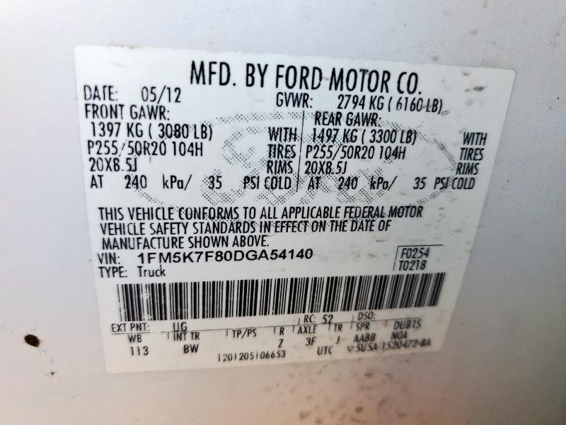 1FM5K7F80DGA54140 - 2013 FORD EXPLORER LIMITED WHITE photo 13