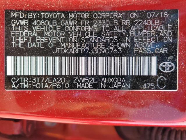 JTDKARFP7J3090763 - 2018 TOYOTA PRIUS PRIM Czerwony zdjęcie 12