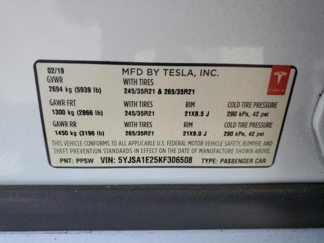 5YJSA1E25KF306508 - 2019 TESLA MODEL S Սպիտակ լուսանկար 12