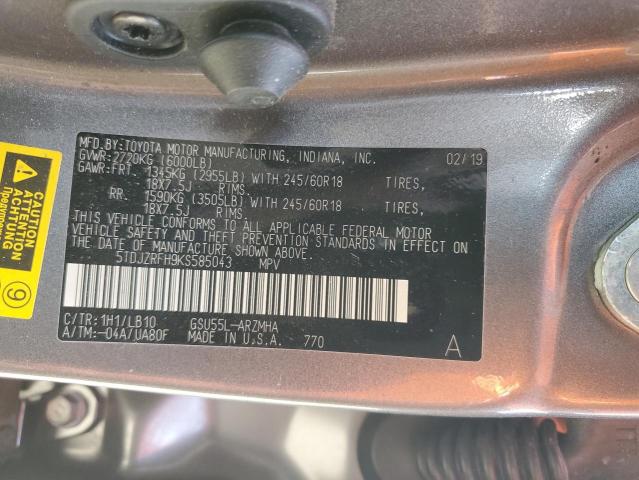 5TDJZRFH9KS585043 - 2019 TOYOTA HIGHLANDER SE CHARCOAL photo 14