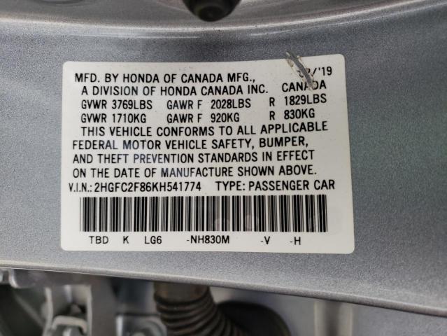 2HGFC2F86KH541774 - 2019 HONDA CIVIC SPORT ვერცხლისფერი ფოტო 13