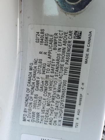 2HGFE2F57RH557900 - 2024 HONDA CIVIC SPORT WHITE photo 12