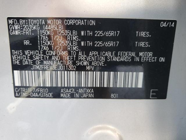 JTMZFREV3EJ011302 - 2014 TOYOTA RAV4 LE 银色 照片 13