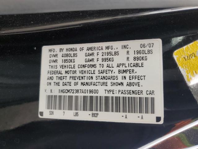 1HGCM72387A019600 - 2007 HONDA ACCORD LX BLACK photo 12