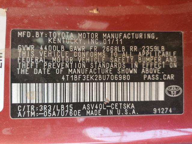 4T1BF3EK2BU706980 - 2011 TOYOTA CAMRY BASE RED photo 12