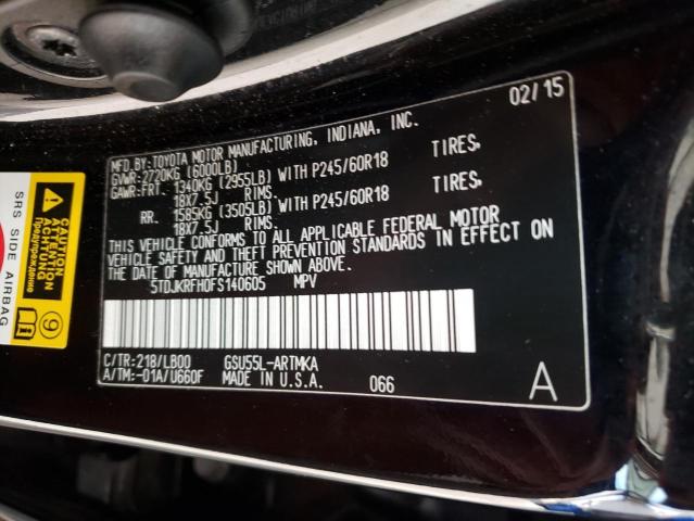 5TDJKRFH0FS140605 - 2015 TOYOTA HIGHLANDER XLE BLACK photo 12