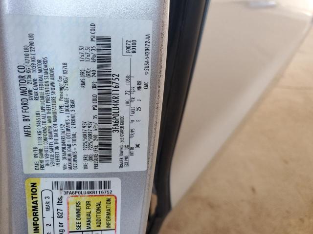 3FA6P0LU4KR116752 - 2019 FORD FUSION SE 银色 照片 12