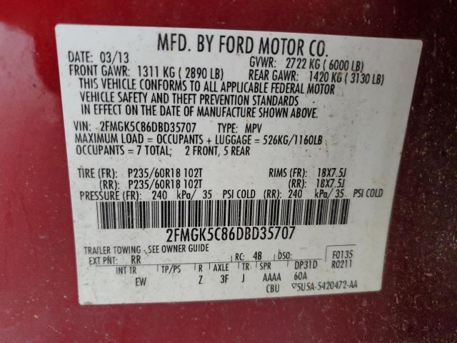 2FMGK5C86DBD35707 - 2013 FORD FLEX SEL MAROON photo 13
