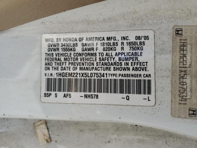 1HGEM221X5L075341 - 2005 HONDA CIVIC DX VP أبيض صورة 12