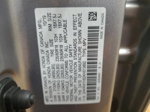 2HKRW1H82KH513892 - 2019 HONDA CR-V EXL SILVER photo 13