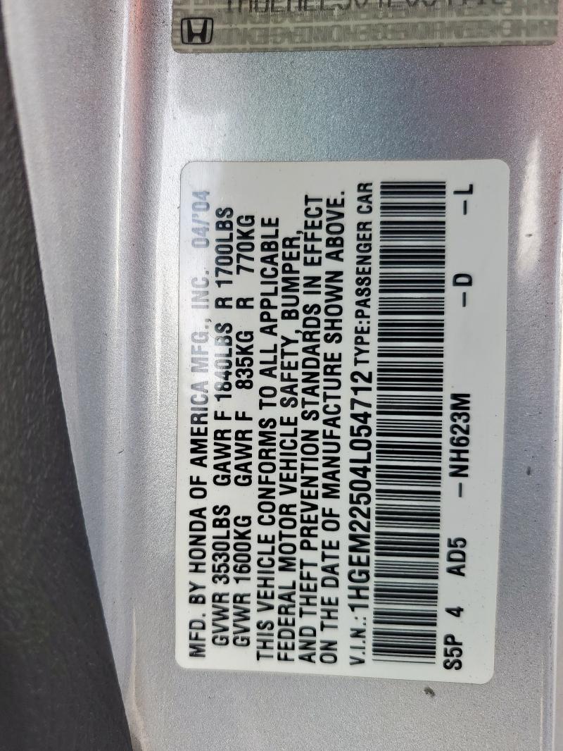 1HGEM22504L054712 - 2004 HONDA CIVIC LX SILVER photo 12