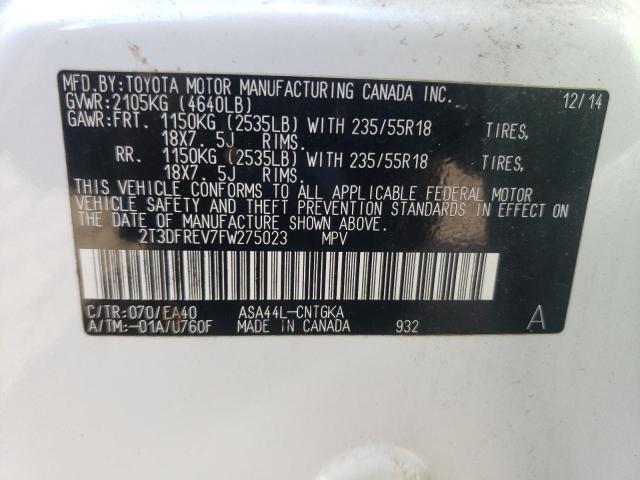 2T3DFREV7FW275023 - 2015 TOYOTA RAV4 LIMITED WHITE photo 12