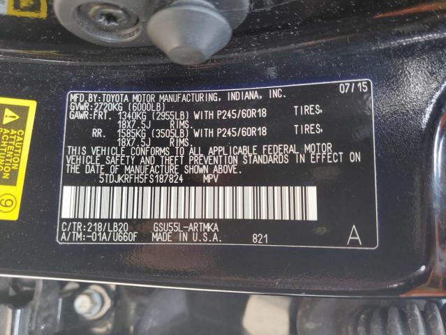 5TDJKRFH5FS187824 - 2015 TOYOTA HIGHLANDER XLE BLACK photo 13