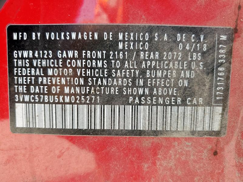 3VWC57BU5KM025271 - 2019 VOLKSWAGEN JETTA S RED photo 12
