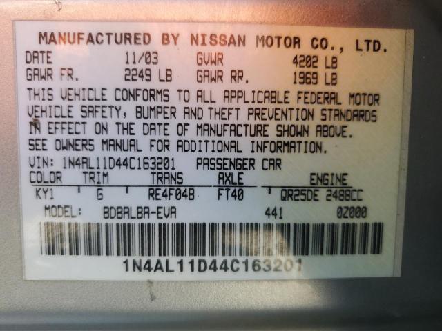 1N4AL11D44C163201 - 2004 NISSAN ALTIMA BASE SILVER photo 13