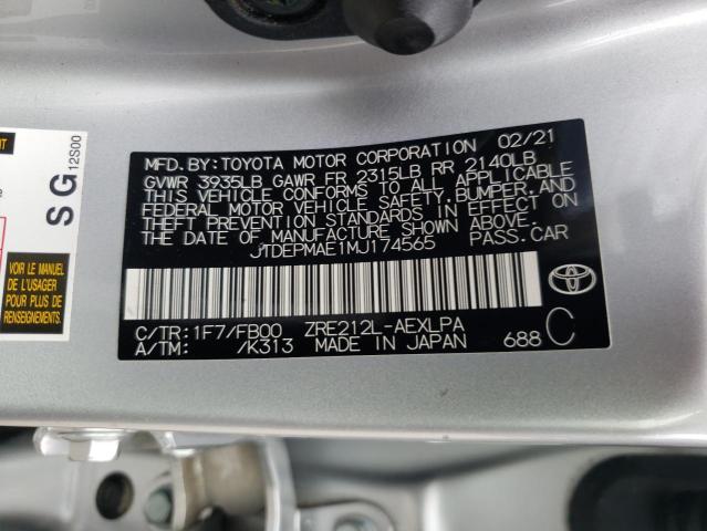 JTDEPMAE1MJ174565 - 2021 TOYOTA COROLLA LE SILVER photo 12