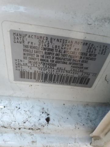 3N1AB7AP3KY400908 - 2019 NISSAN SENTRA S WHITE photo 12