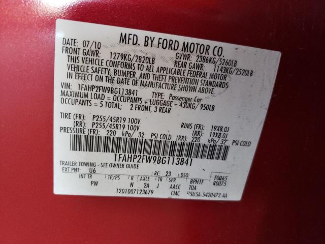 1FAHP2FW9BG113841 - 2011 FORD TAURUS LIMITED RED photo 12