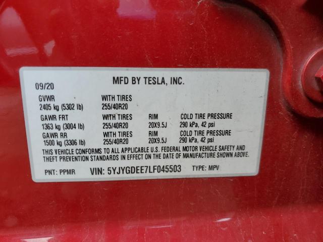 5YJYGDEE7LF045503 - 2020 TESLA MODEL Y წითელი ფოტო 13