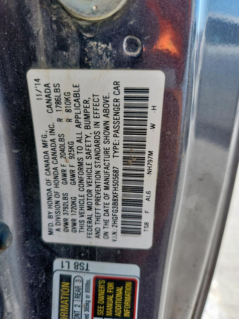 2HGFG3B8XFH505687 - 2015 HONDA CIVIC EX CHARCOAL photo 12