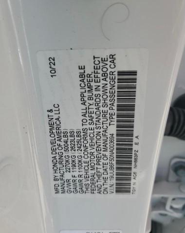 19UUB6F50NA003694 - 2022 ACURA TLX TECH A WHITE photo 10