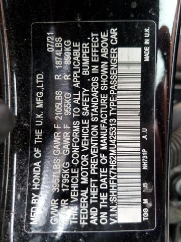 SHHFK7H62MU425313 - 2021 HONDA CIVIC EX BLACK photo 12